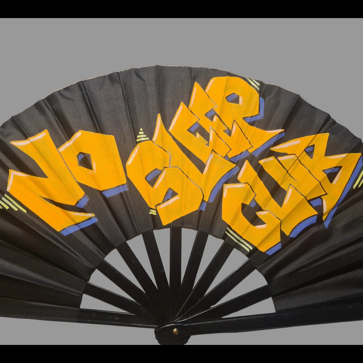 No Sleep Club UV Fan, black handpainted with orange graffiti lettering, blue shadows and yellow accents, UV reactive for festivals and raves