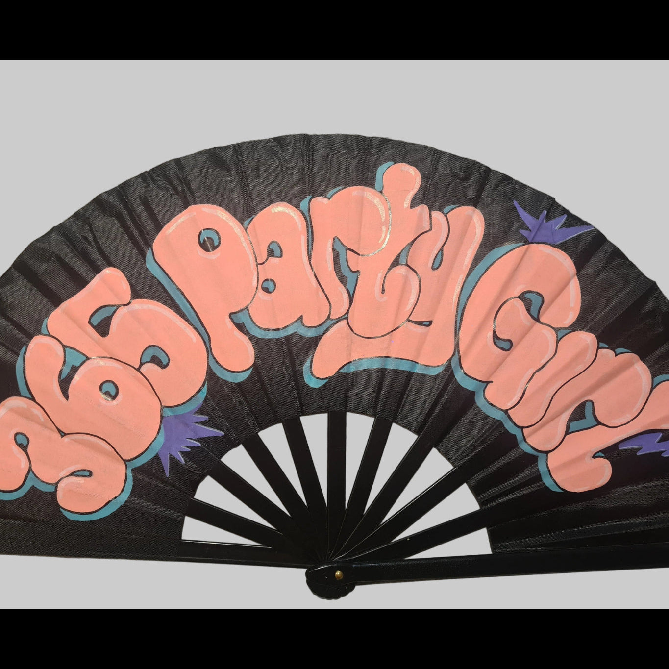 365 Party Girl UV Fan, black handpainted with pink graffiti lettering, blue shadowing and purple details, UV reactive for festivals and raves