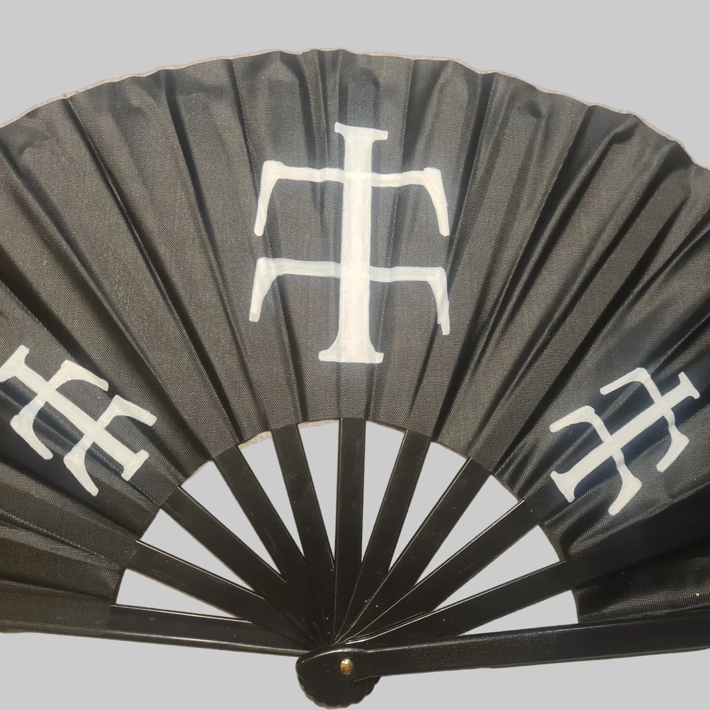 Teletch Rave Fan, black handpainted with three white teletech logos, for festivals and raves