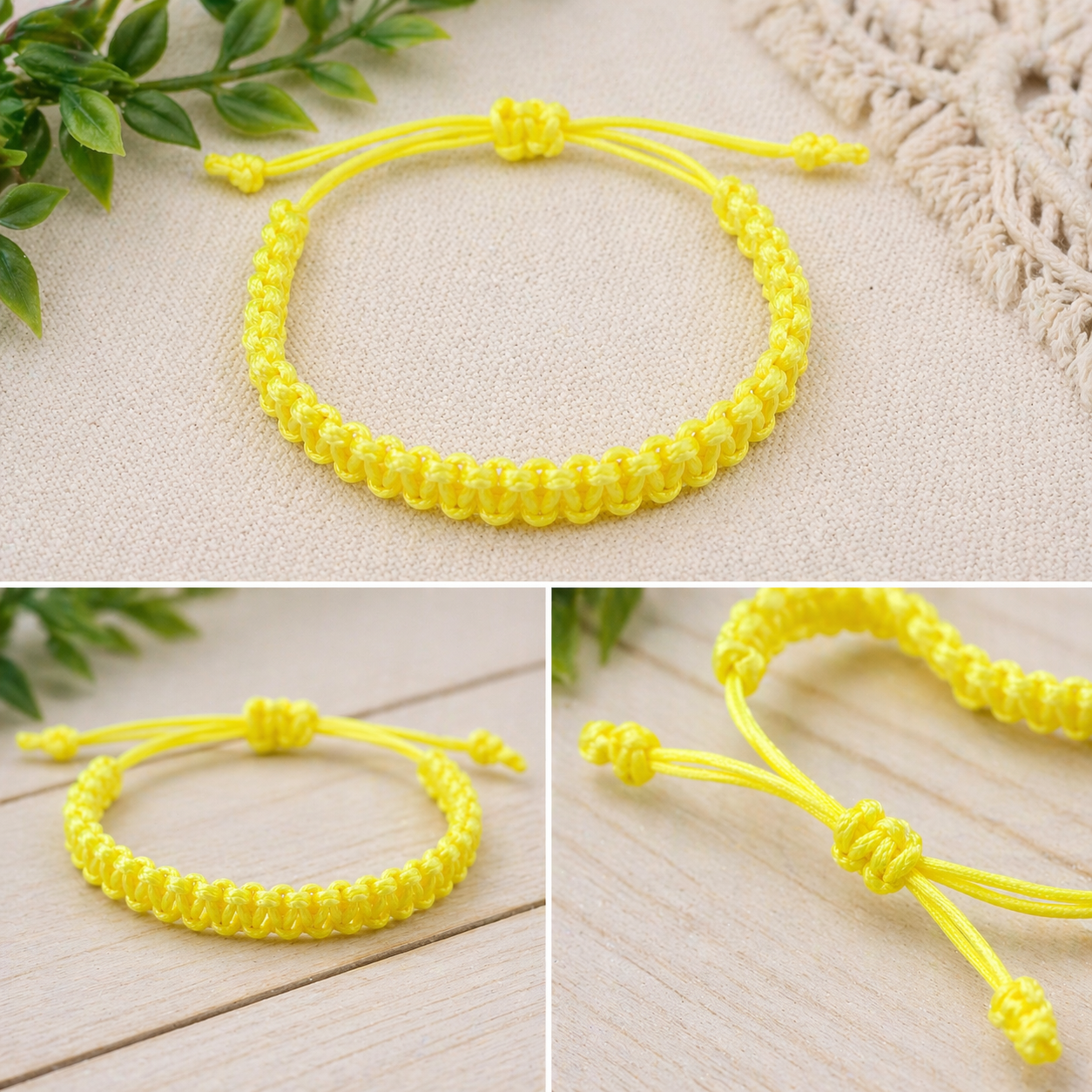 Yellow bracelet on a textured surface with close-up views.