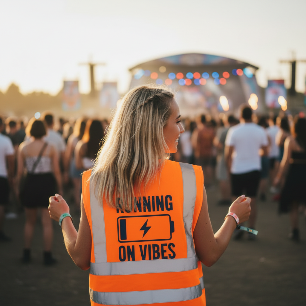 Clothing collection image, model facing away in hi vis jacket