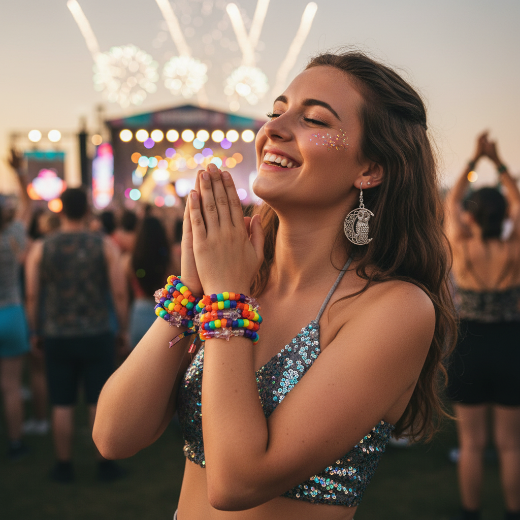 Festival jewellery collection image featuring Rainbow Star Kandi Bracelets and Owl & Moon Earrings