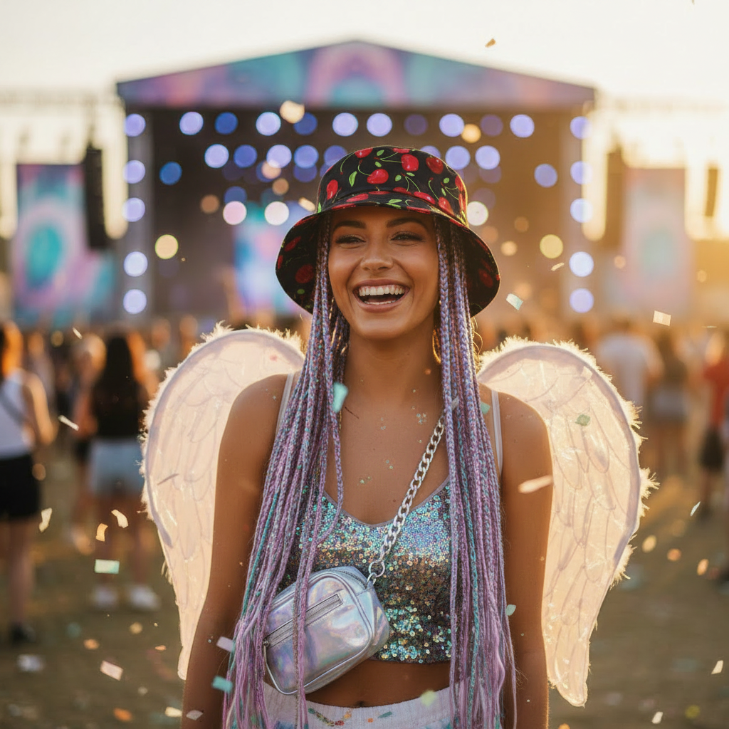 Updated festival collection image with Cherries Bucket Hat and Unicorn Braids