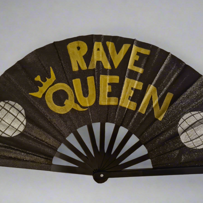 Rave Queen Fan, black handpainted withgold block lettering, silver discoballs and a gold crown, UV reactive for festivals and raves
