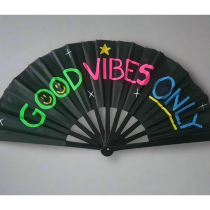 Good Vibes Only UV Fan, black handpainted with multicoloured lettering, smileys and stars, UV reactive for festivals and raves
