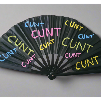 Cunt UV Fan, black handpainted with multicoloured lettering, UV reactive for festivals and raves
