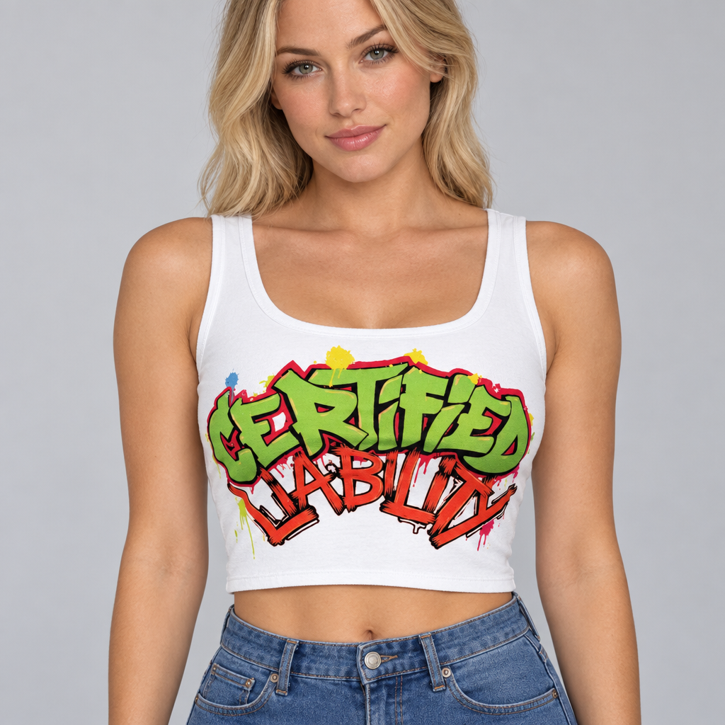 Close-up studio shot of a blonde woman wearing the Certified Liability top