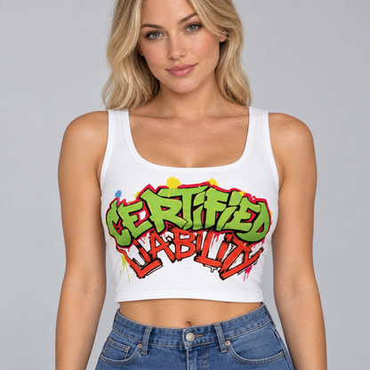 Close-up studio shot of a blonde woman wearing the Certified Liability top
