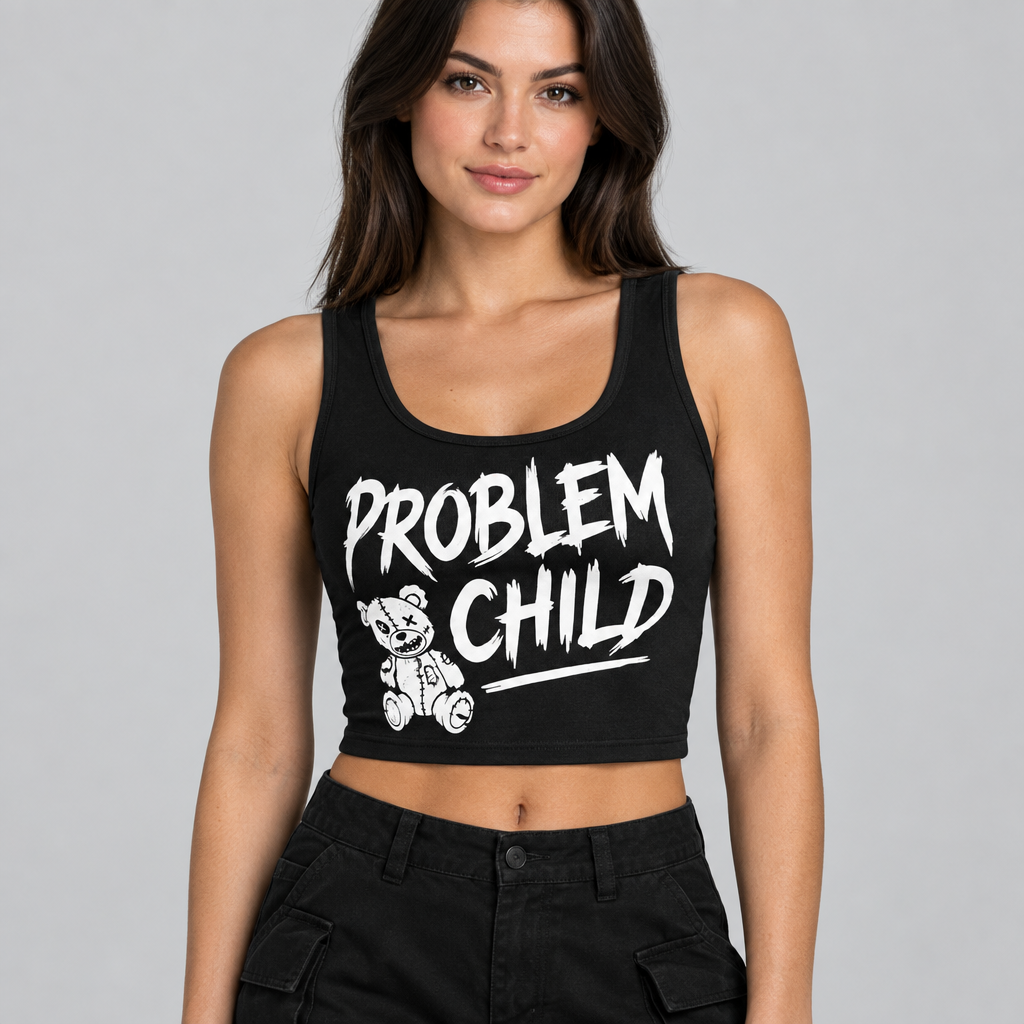 Close-up studio shot of a female model wearing the Problem Child crop top