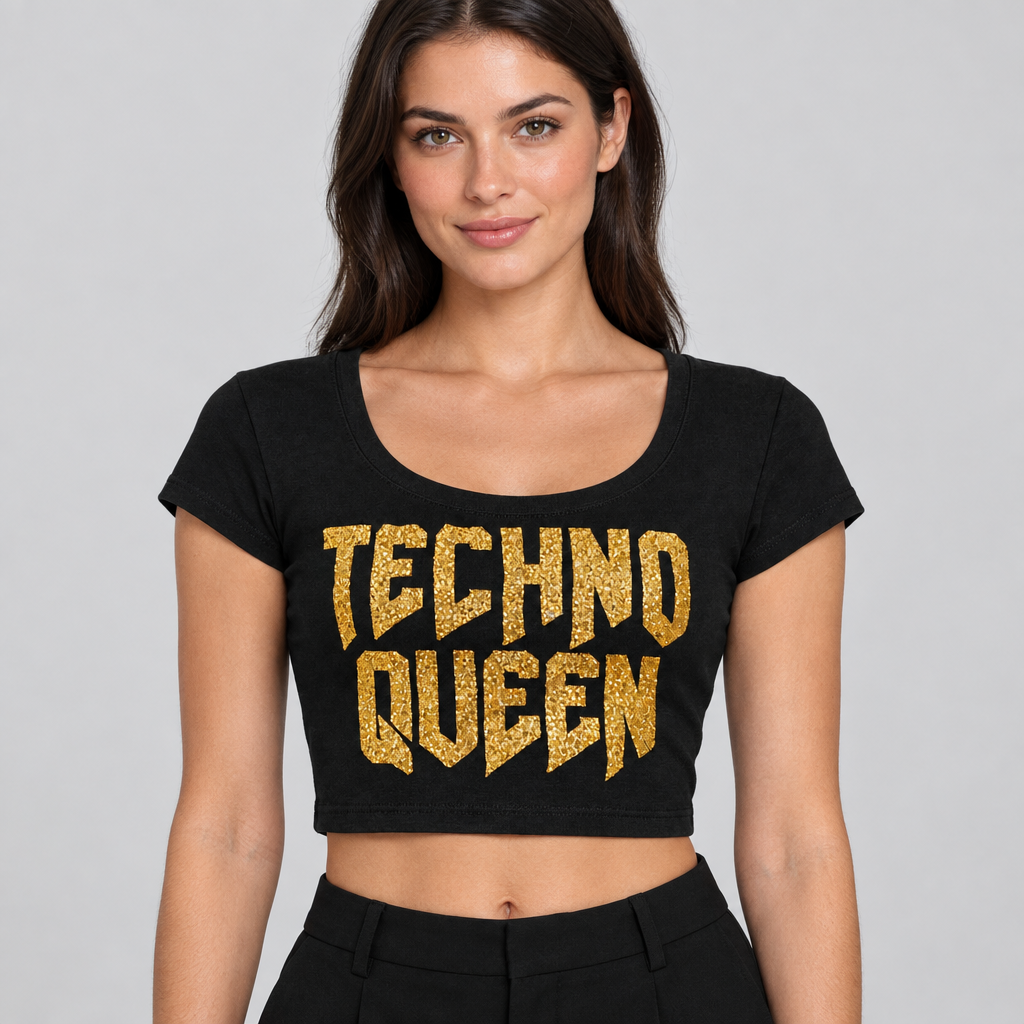 Close-up studio shot of a female model wearing the Techno Queen top