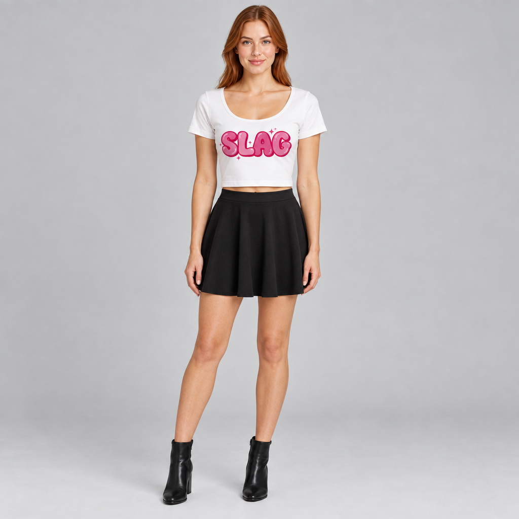 Full-body shot of a red-haired model wearing the top and black skater skirt