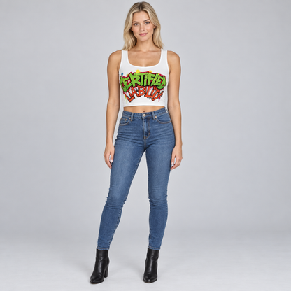 Full-body studio shot of a blonde woman wearing the Certified Liability top and skinny jeans