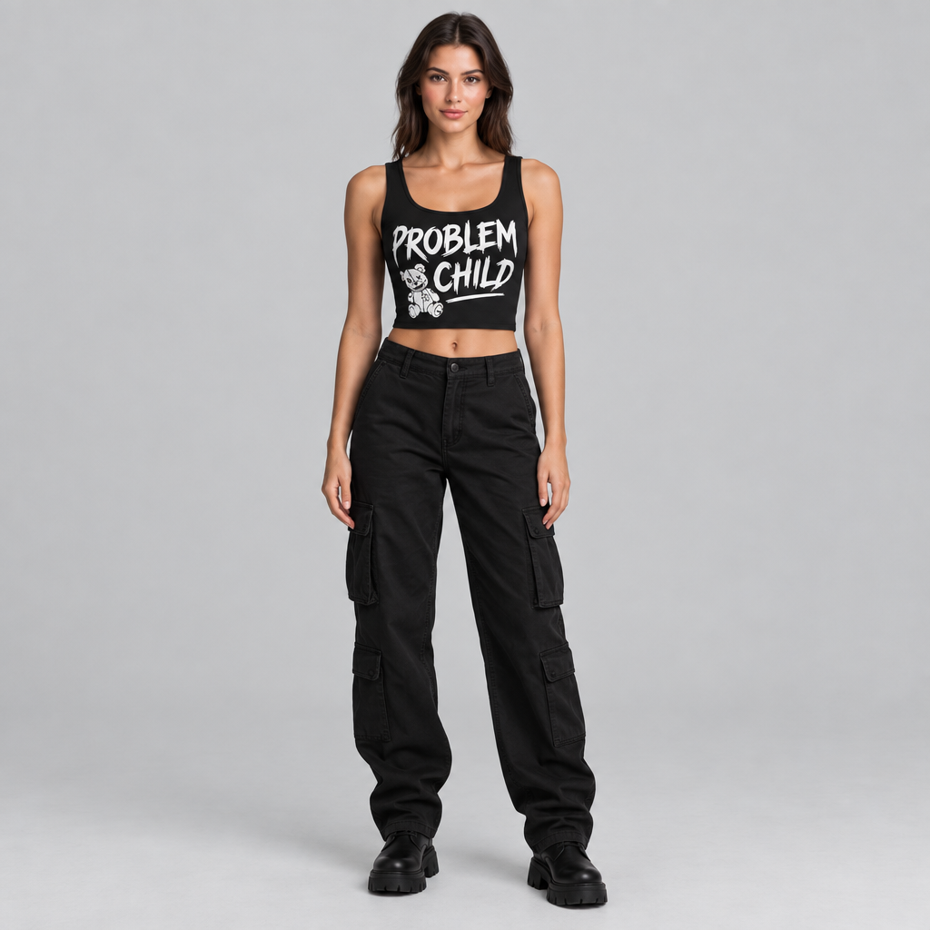 Full-body studio shot of a female model wearing the Problem Child crop top