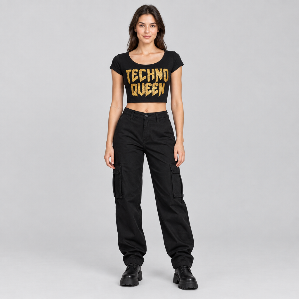 Full-body studio shot of a female model wearing the Techno Queen top