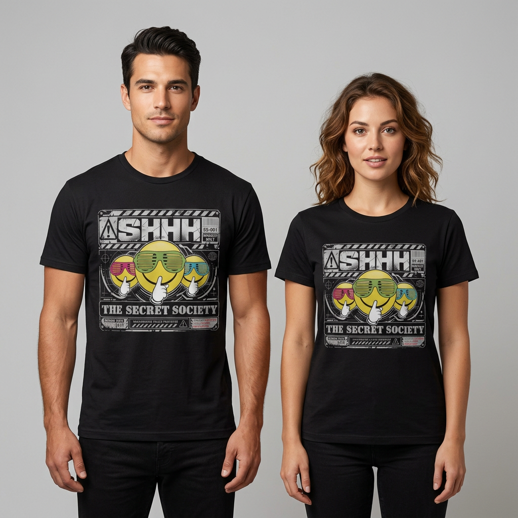 Male and female models wearing the black SHHH The Secret Society t-shirt on a neutral studio background