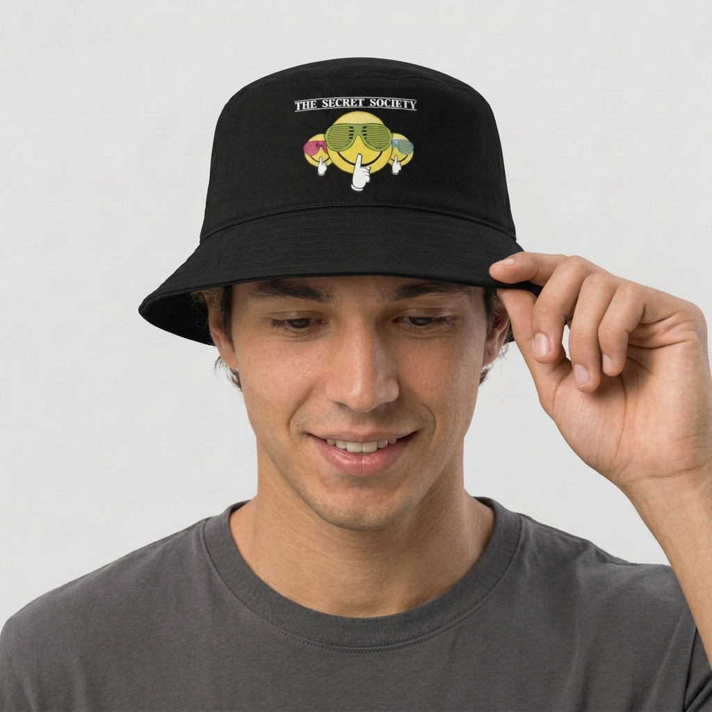 Male model holding the brim of the black Secret Society bucket hat and smiling slightly on a neutral studio background