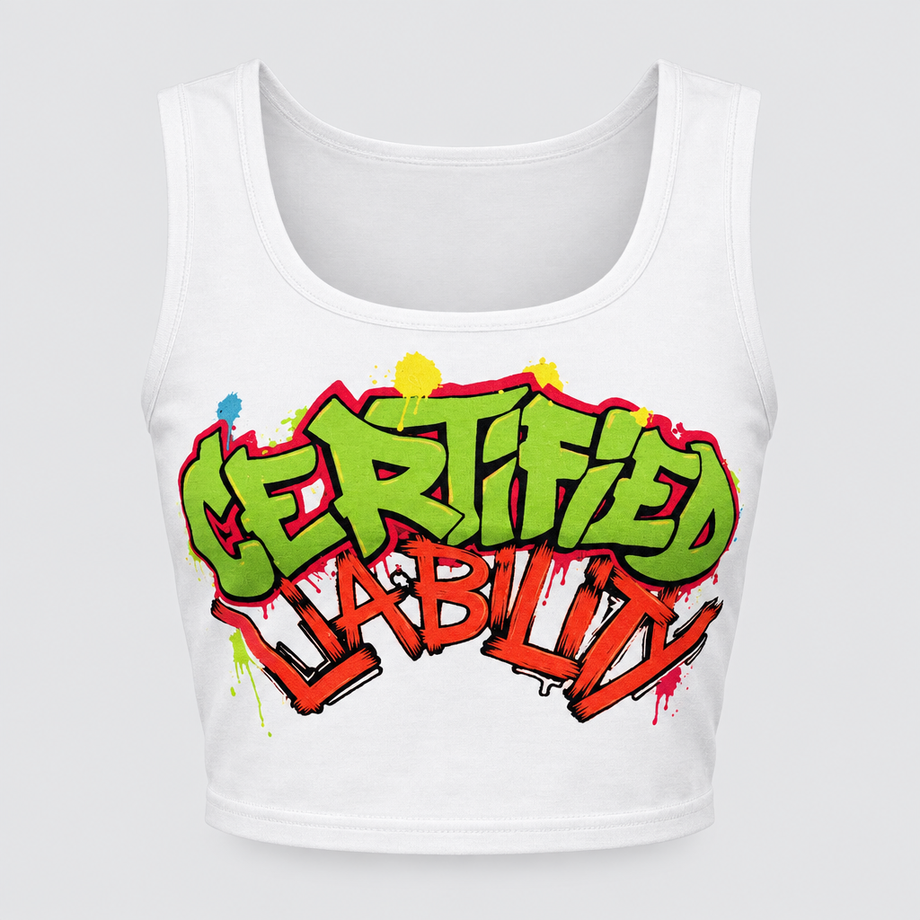 Professional product-only photo of the Certified Liability crop top
