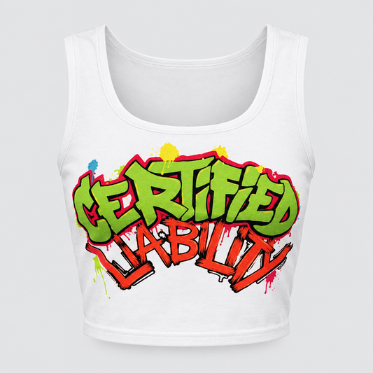 Professional product-only photo of the Certified Liability crop top