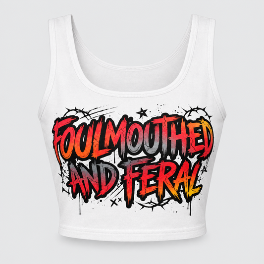 Professional product-only studio photo of the Foulmouthed And Feral crop top