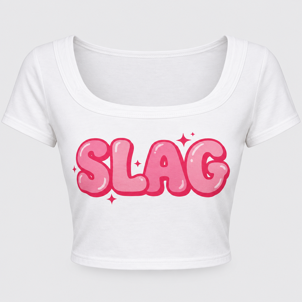 Professional product-only studio photo of the pink and white SLAG crop top