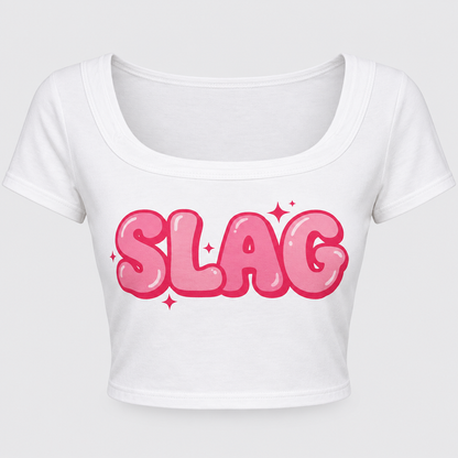 Professional product-only studio photo of the pink and white SLAG crop top