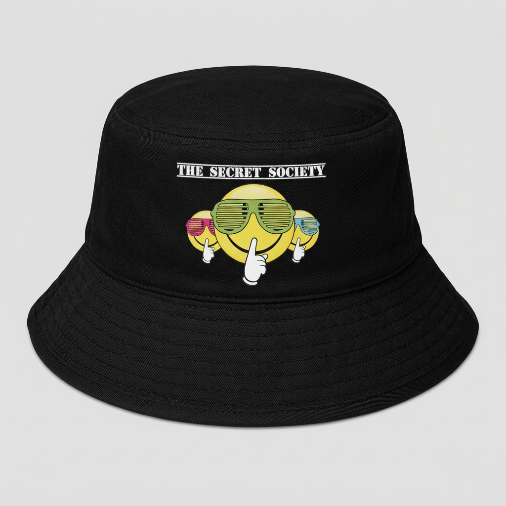 Professional studio product photo of the black Secret Society bucket hat on a neutral background