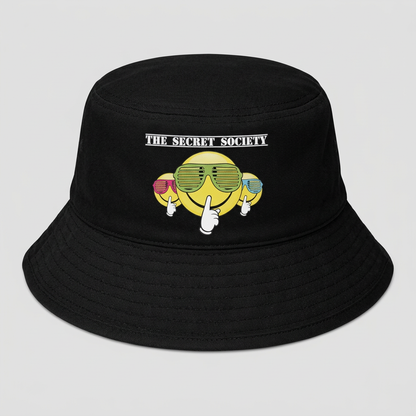 Professional studio product photo of the black Secret Society bucket hat on a neutral background