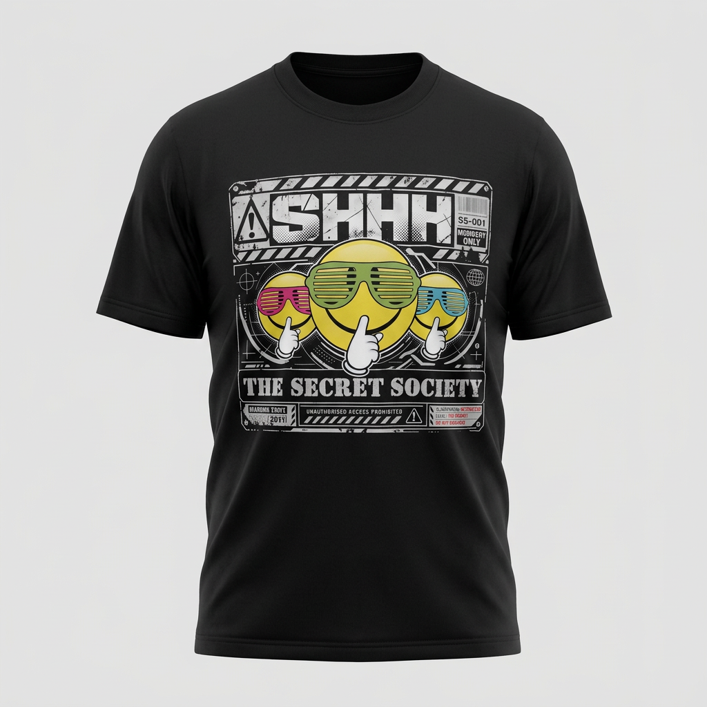 Professional studio product photo of the black SHHH The Secret Society t-shirt on a neutral background