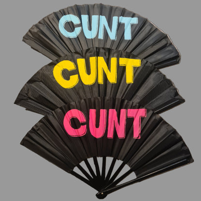 Three 3D CUNT UV Fan, black handpainted with blue yellow and pink block lettering, 3D detailing, UV reactive for festivals and raves
