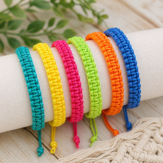 Set of colorful braided bracelets on a white surface with a natural background