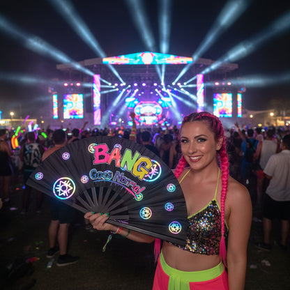 Reflective UV Reactive Rave Fan – Boomtown Festival Hand-Painted Clack Fan