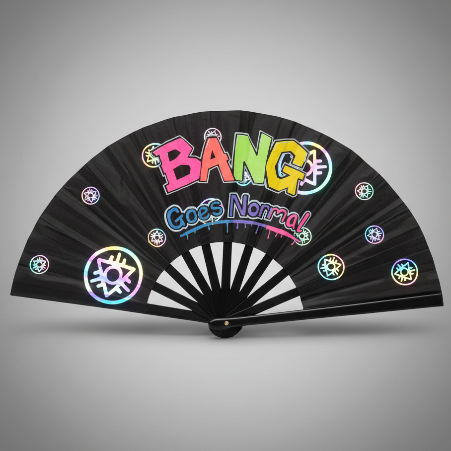 Reflective UV Reactive Rave Fan – Boomtown Festival Hand-Painted Clack Fan