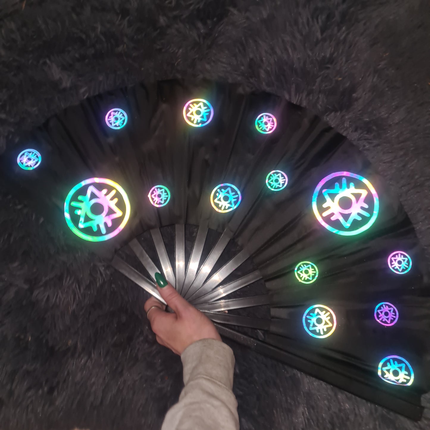 Reflective UV Reactive Rave Fan – Boomtown Festival Hand-Painted Clack Fan