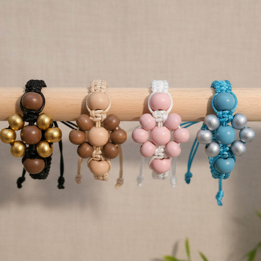 Handmade Beaded Flower Macrame Bracelet – Eco-Friendly Wooden Bead Festival Jewellery