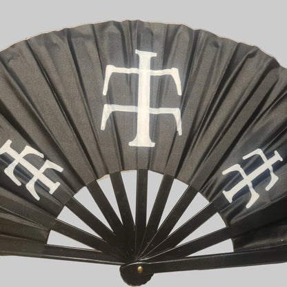 Teletch Rave Fan, black handpainted with three white teletech logos, for festivals and raves
