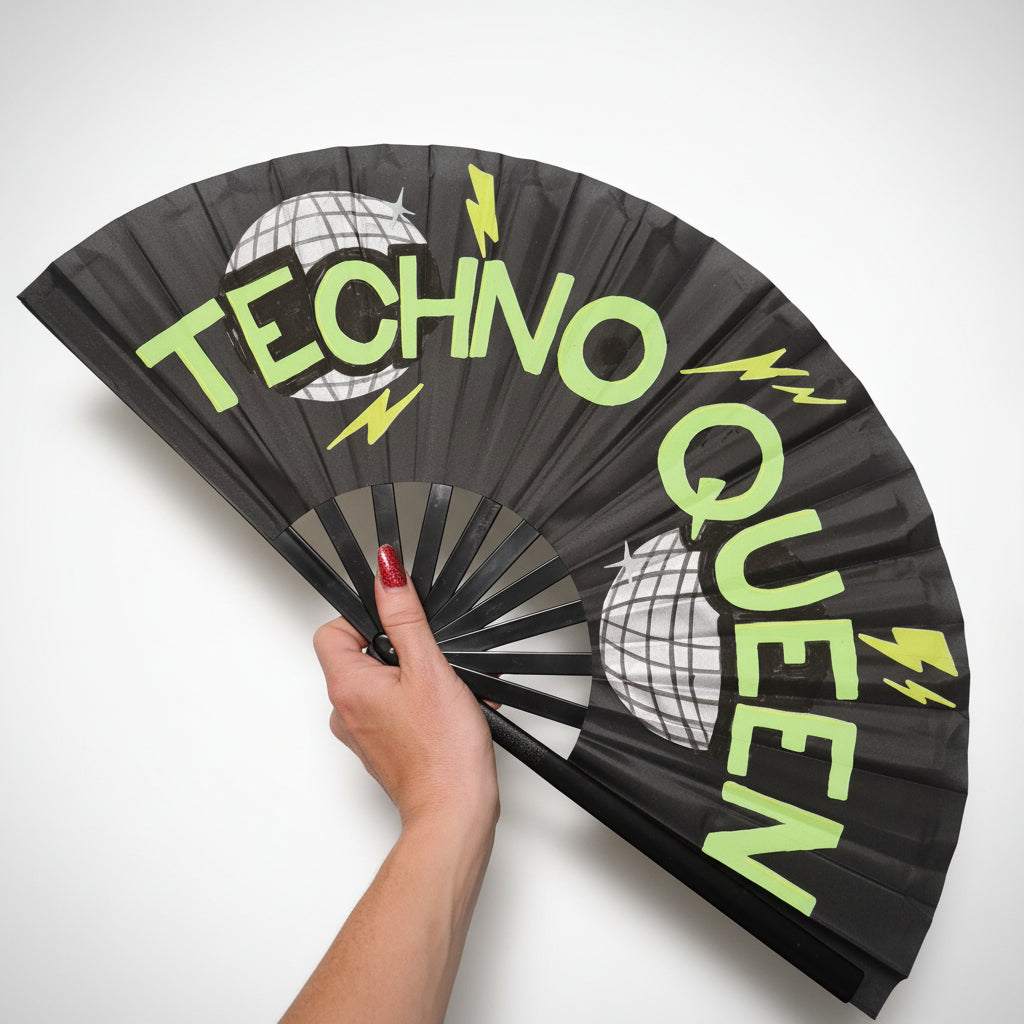 Techno Queen UV Reactive Rave Fan – Handpainted Neon Festival Fan