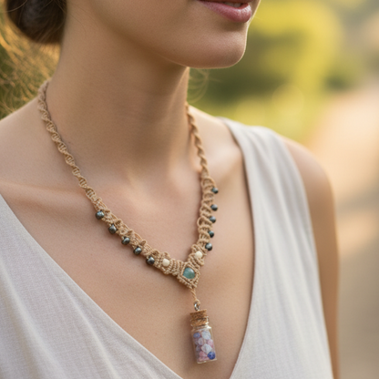 Chakra Crystal Jar Pendant Necklace – Handmade Macrame Healing Stone Jewellery