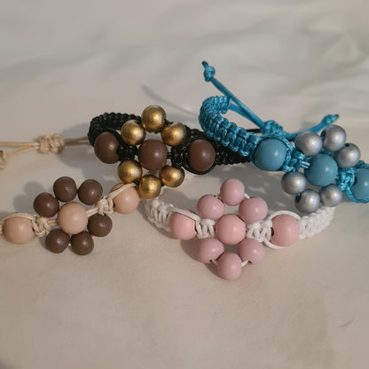 Handmade Beaded Flower Macrame Bracelet – Eco-Friendly Wooden Bead Festival Jewellery