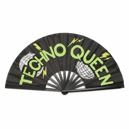 Techno Queen UV Reactive Rave Fan – Handpainted Neon Festival Fan