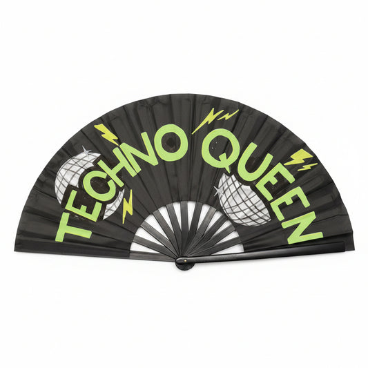 Techno Queen UV Reactive Rave Fan – Handpainted Neon Festival Fan