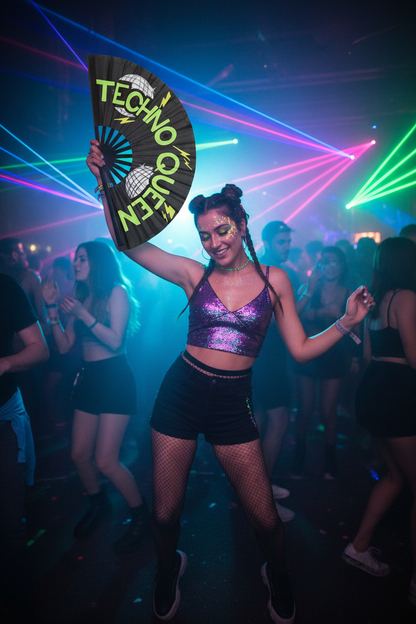 Techno Queen UV Reactive Rave Fan – Handpainted Neon Festival Fan