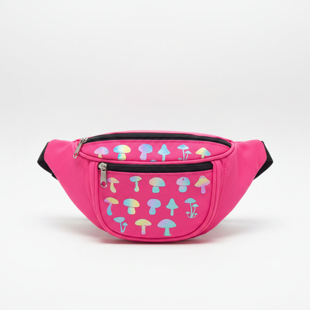 Pink fanny pack with colorful mushroom pattern on a white background