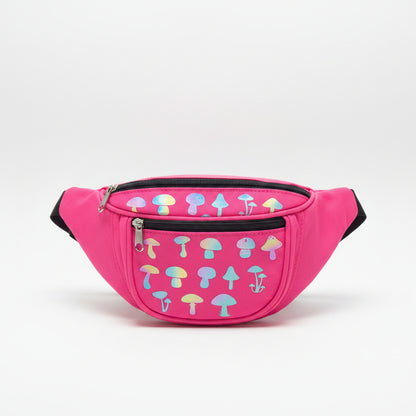 Pink fanny pack with colorful mushroom pattern on a white background