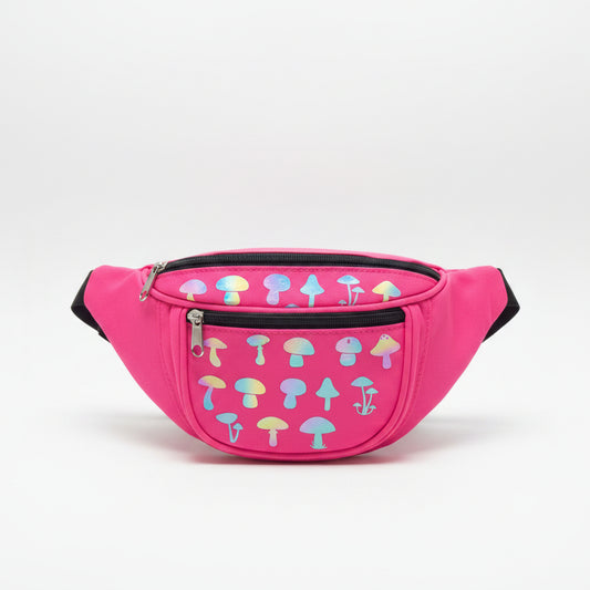 Pink fanny pack with colorful mushroom pattern on a white background