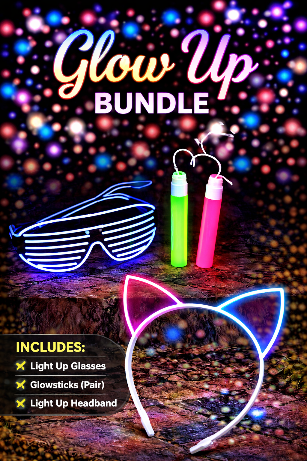 Glow Up Festival Bundle – Light Up Glasses, Headband & Glowsticks