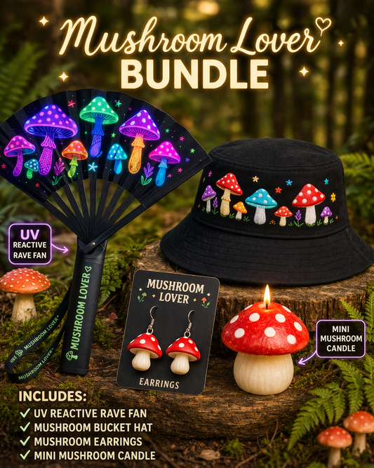 Mushroom Lover Festival Bundle – Fan, Bucket Hat, Earrings & Candle