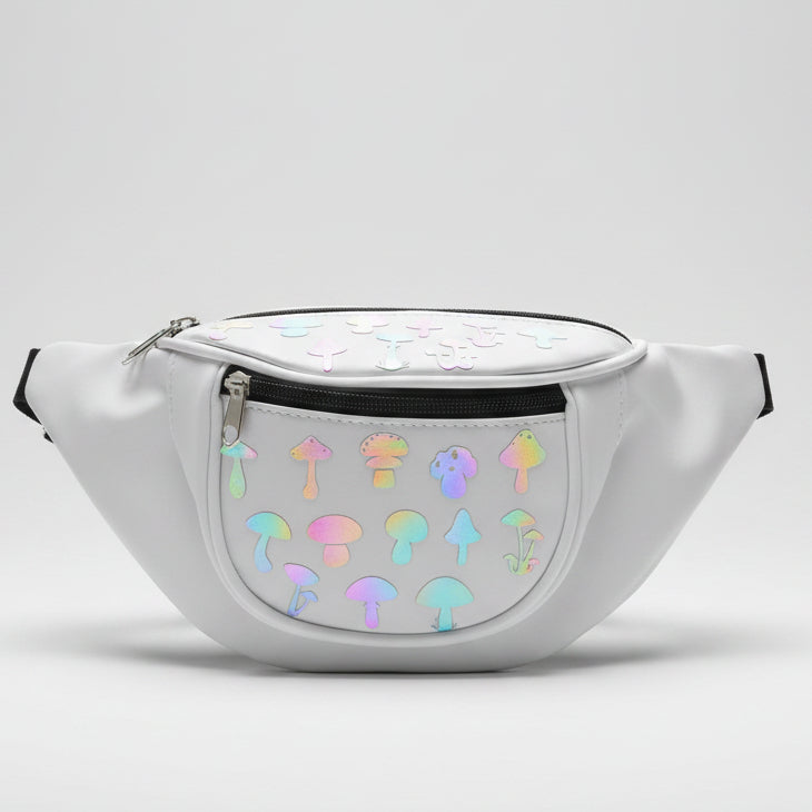 Rainbow Mushroom White PVC Festival Bumbag – Reflective Fanny Pack | FestEssential Treasures