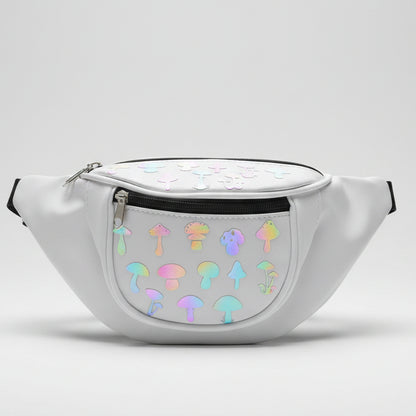 Rainbow Mushroom White PVC Festival Bumbag – Reflective Fanny Pack | FestEssential Treasures