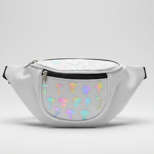 Rainbow Mushroom White PVC Festival Bumbag – Reflective Fanny Pack | FestEssential Treasures