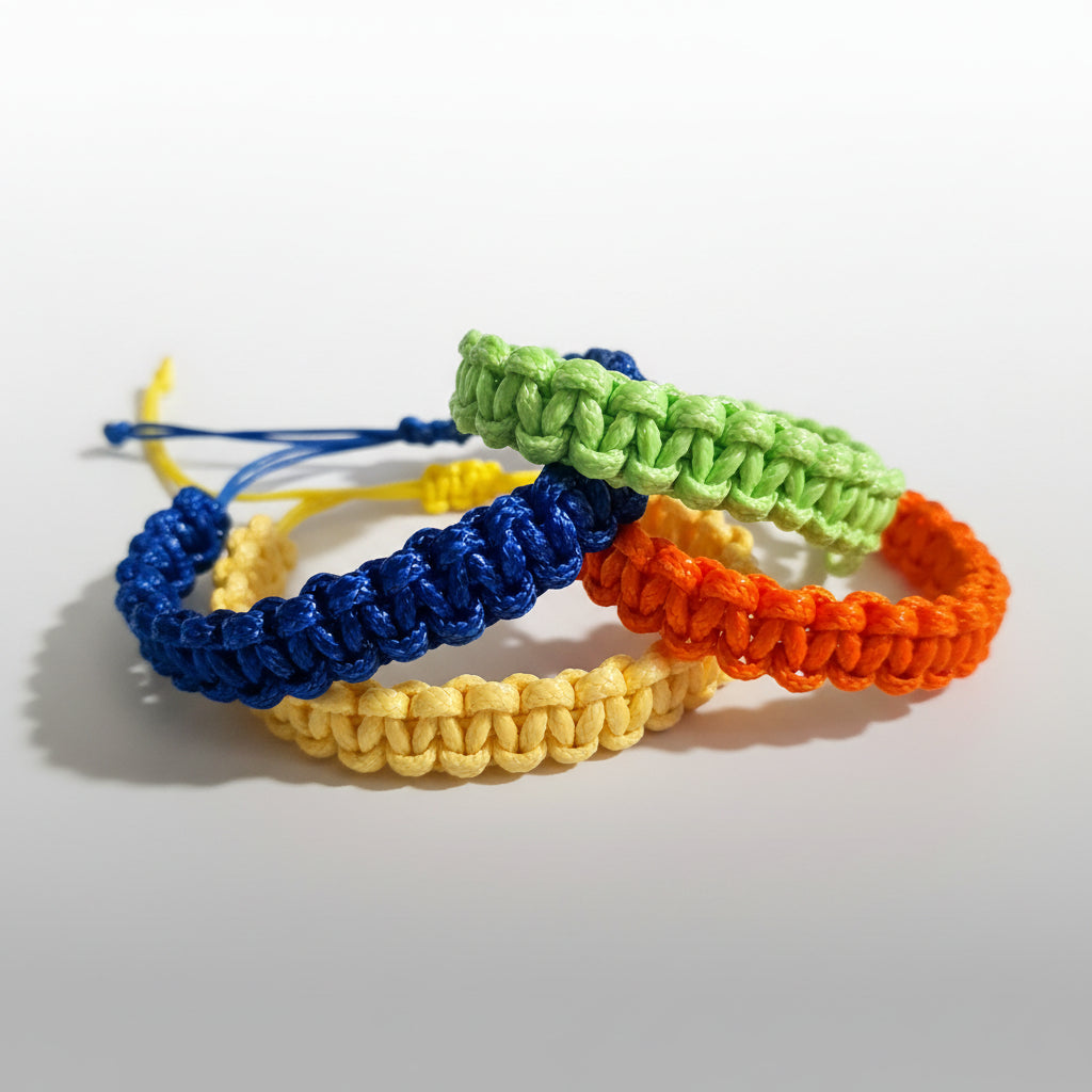 Four colorful braided bracelets on a light gray background
